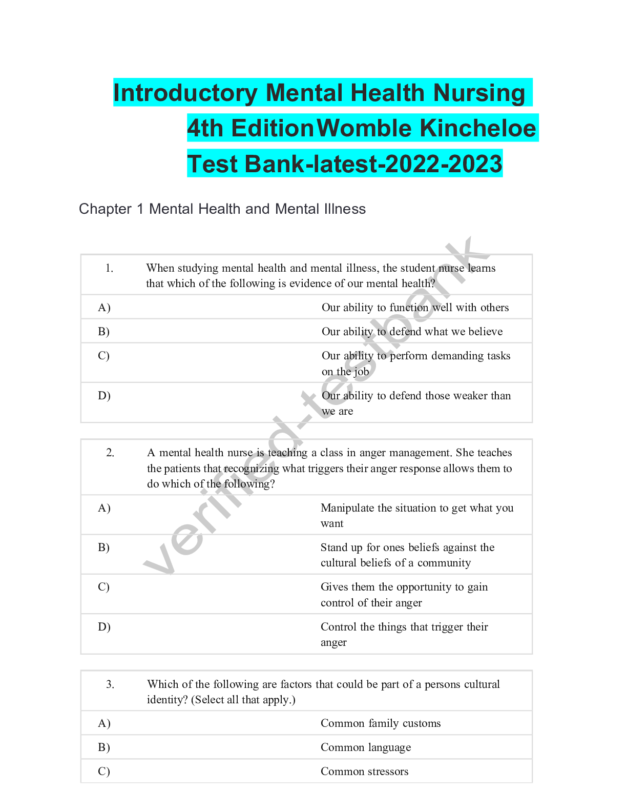 Preview image for Introductory Mental Health Nursing 4th Edition Womble Kincheloe Test Bank-latest-2022-2023